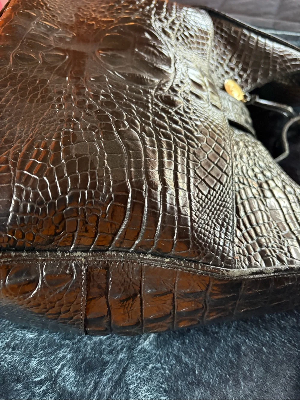 Brahmin Black Croc-Embossed Leather Shoulder Hobo with Gold Hardware